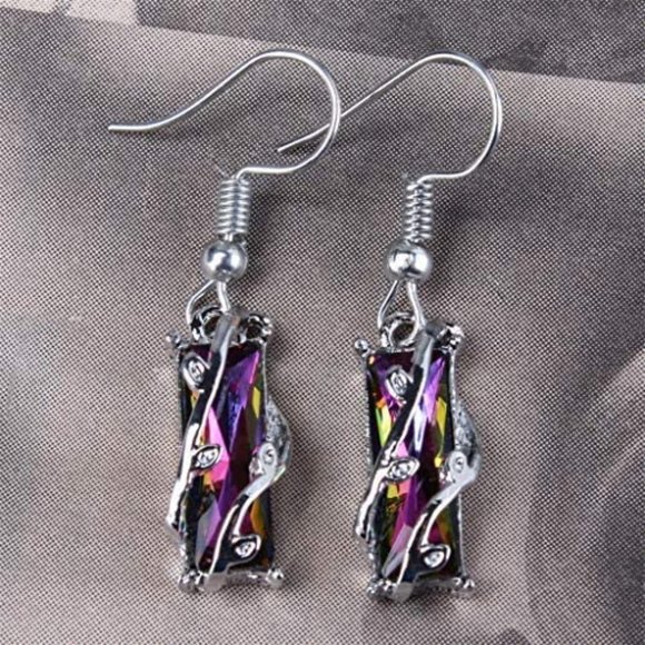 "Colorful Crystal Clear Delicate Silver Plated Colorful Dangle Earrings, VP1008 - Picture 2 of 4